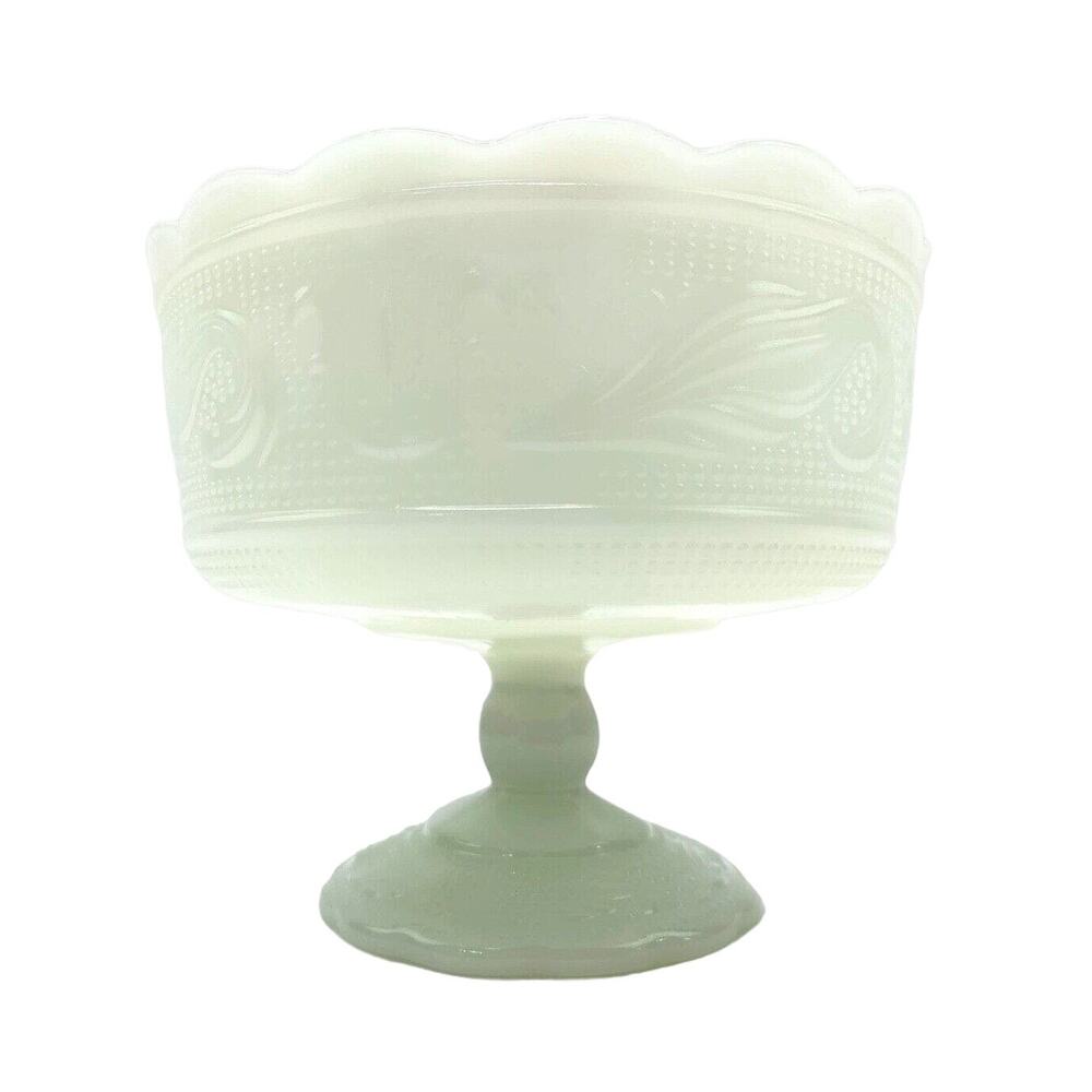 E O Brody Milk Glass Footed Bowl White Scalloped Edge Made in America 6.6"